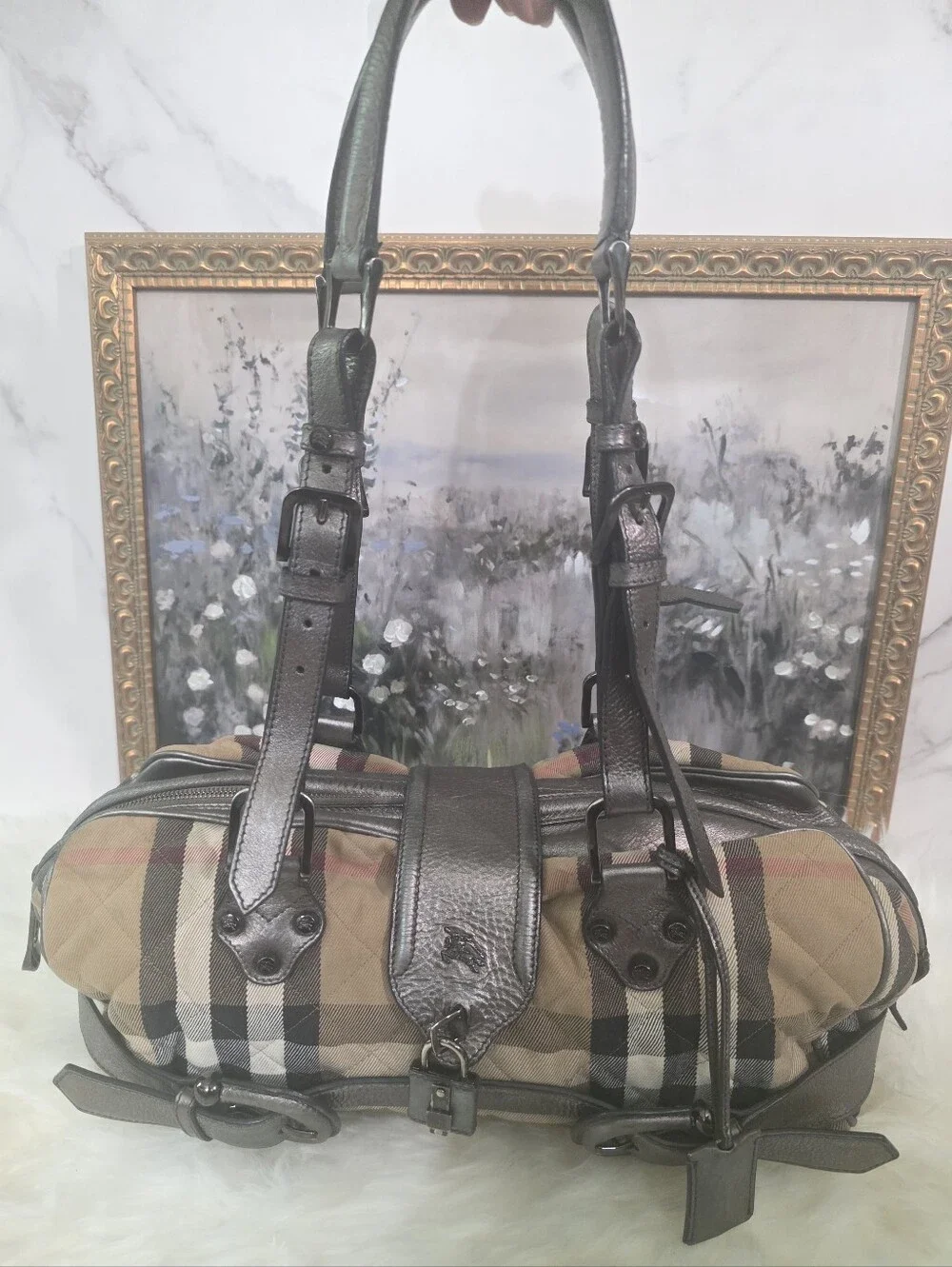 Burberry Tan Check Canvas Duffel Bag with Dark Brown Leather Trim